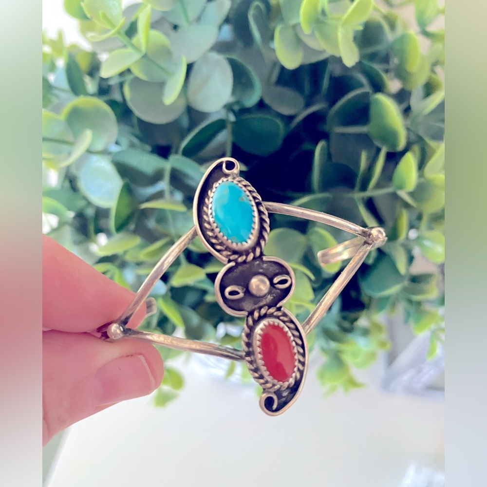 Brugh Tsosie Turquoise coral Sterling Silver Native American Navajo Cuff BT